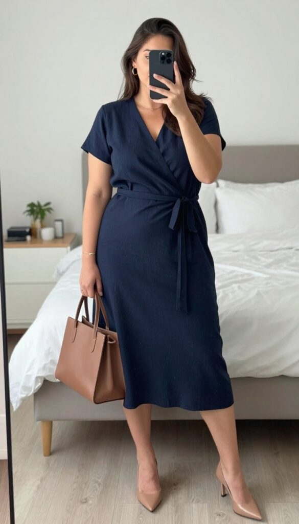 Curvy woman in a midi wrap dress with nude heels and minimalist gold jewelry, carrying a leather crossbody bag.