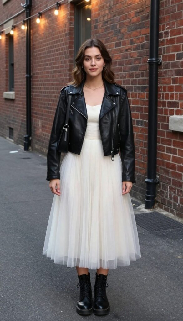 Woman in ivory tulle dress and black leather jacket with combat boots in urban alley