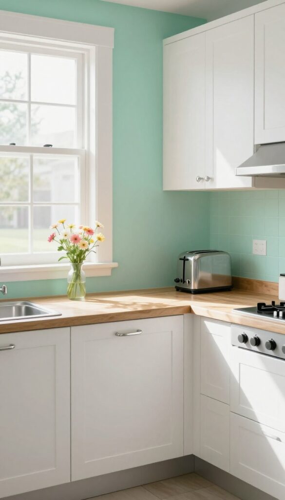 Mint green kitchen walls with white cabinets and chrome hardware, bright natural light, retro diner style.