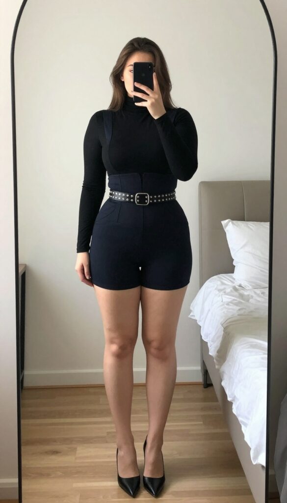 A woman in a black turtleneck and dark jumpsuit with a studded belt, wearing pointed boots, in a mirror selfie pose.