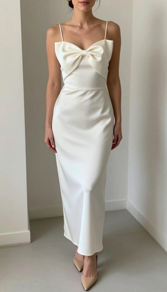 Woman in slim-fit silk slip wedding dress with sculptural bow back, nude heels, minimal jewelry, standing in bright indoor light.