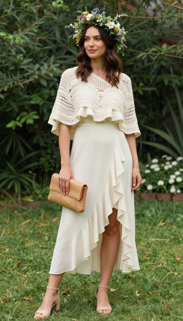 A young woman with long wavy brown hair wearing a cream one-shoulder ruffled dress and a crochet cape at an outdoor garden wedding. She has a flower crown in her hair and holds a small bouquet of wildflowers. Natural lighting, soft greenery background, three-quarter body shot, smiling naturally.
