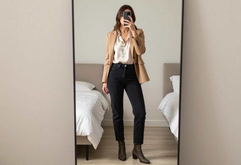 Curvy woman size 12-14 in camel blazer and dark jeans taking a mirror selfie in bedroom