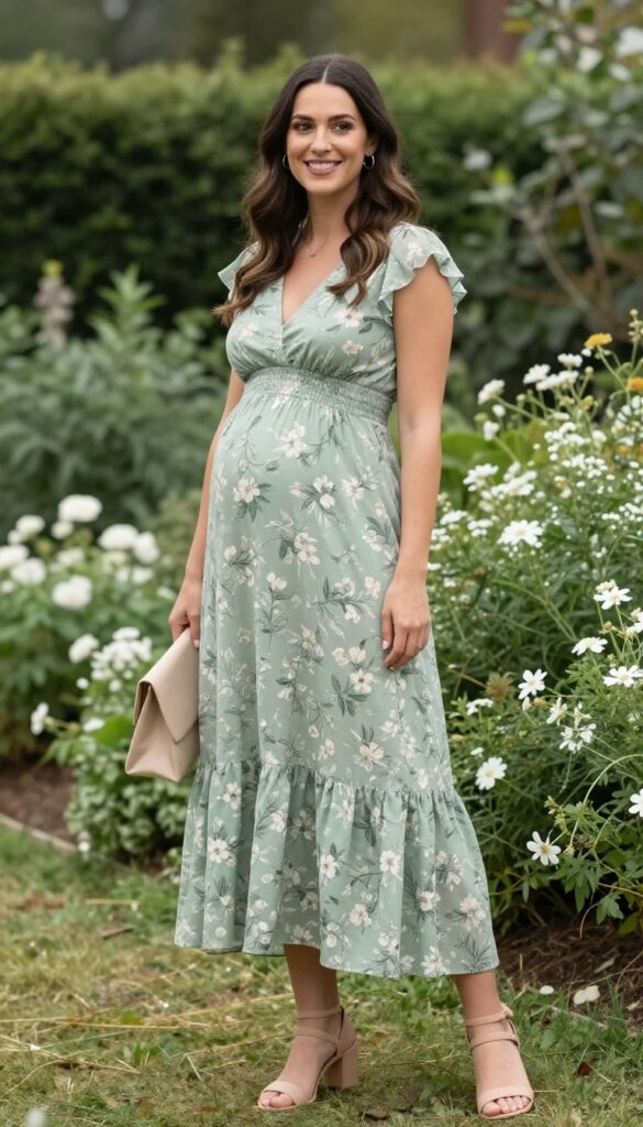 Pregnant woman in flowy empire-waist maxi dress with floral print, nude block heels, beige clutch, gold hoop earrings, standing in garden wedding setting