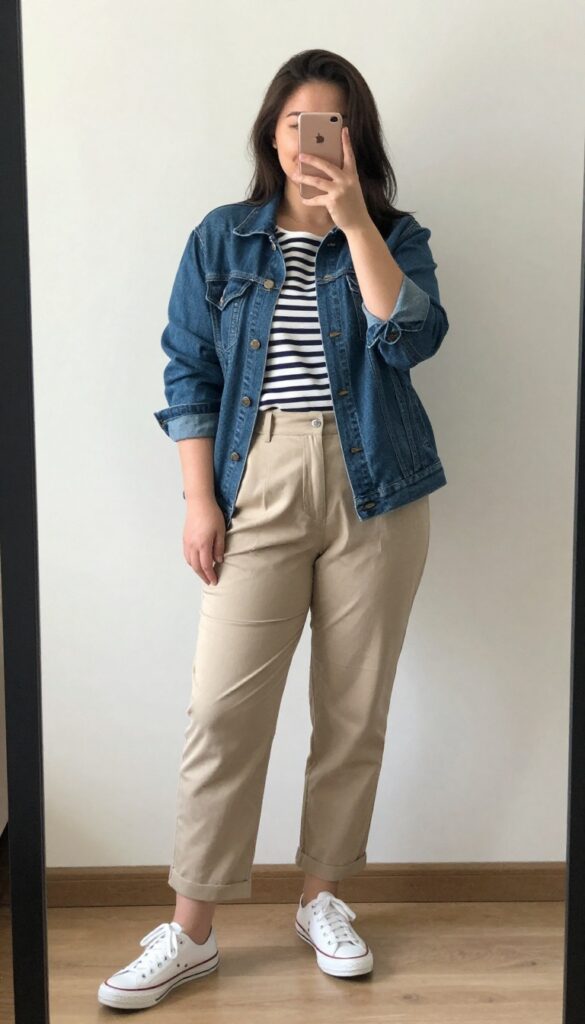 A woman in a denim jacket, striped top, beige chinos, and white sneakers, looking relaxed and professional.