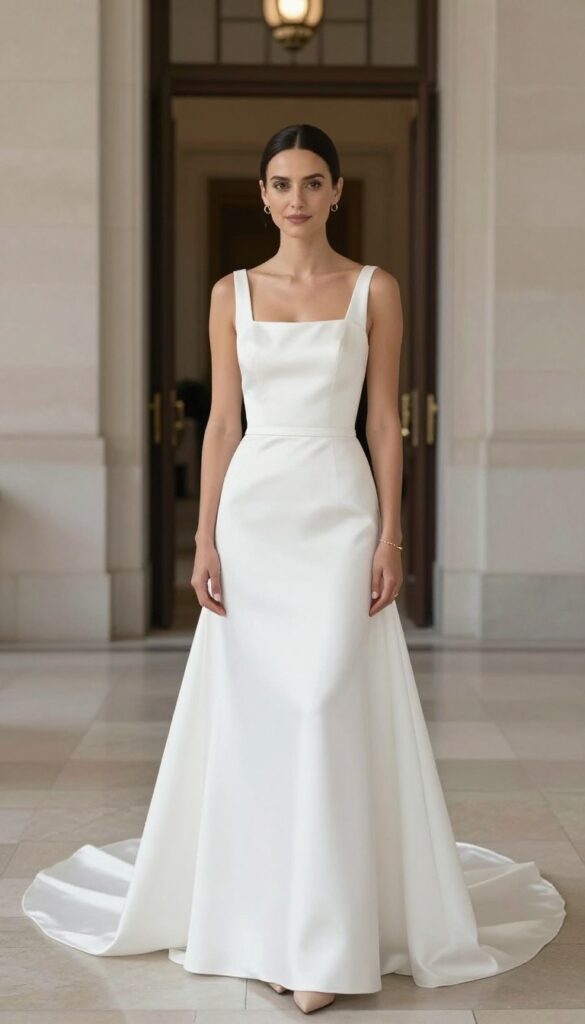 Modern minimalist bride in white satin wedding dress with gold jewelry and nude heels in city hall lobby