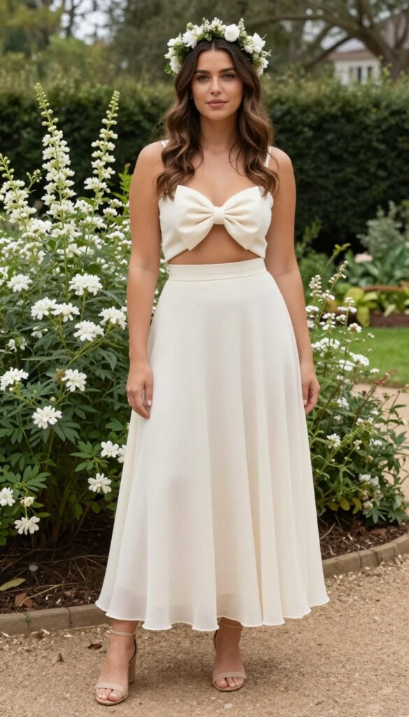 Woman in two-piece wedding set with bow-tied crop top, floral crown, and nude sandals in garden