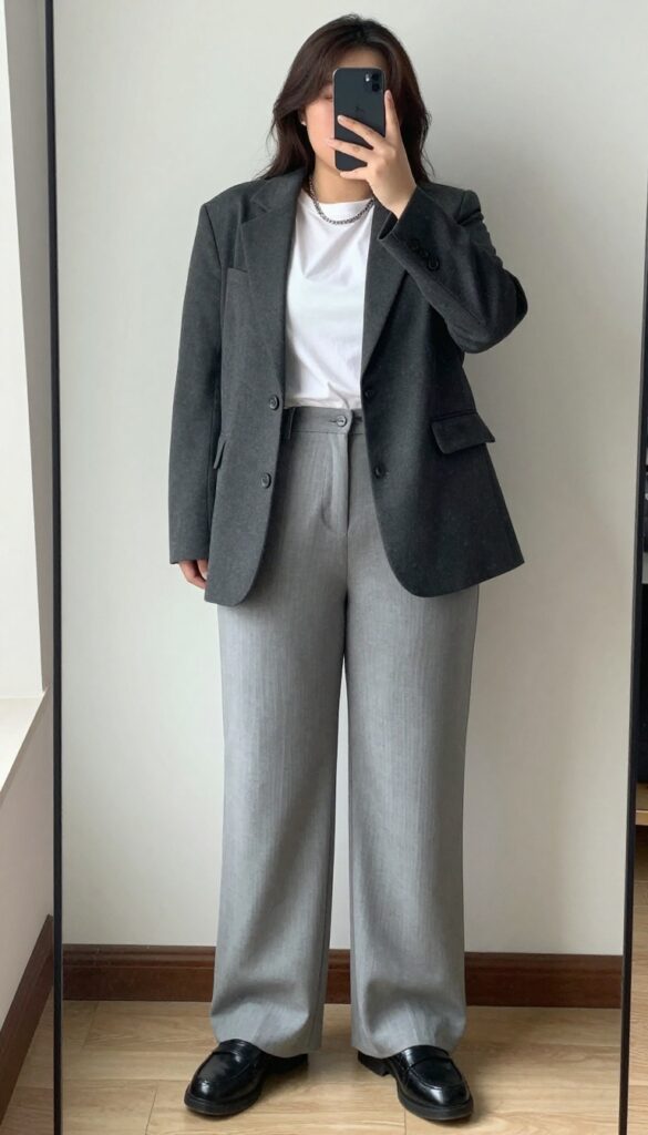 Goth business casual outfit: charcoal blazer, white tee, light gray wide-leg trousers, black loafers, silver chain necklace.