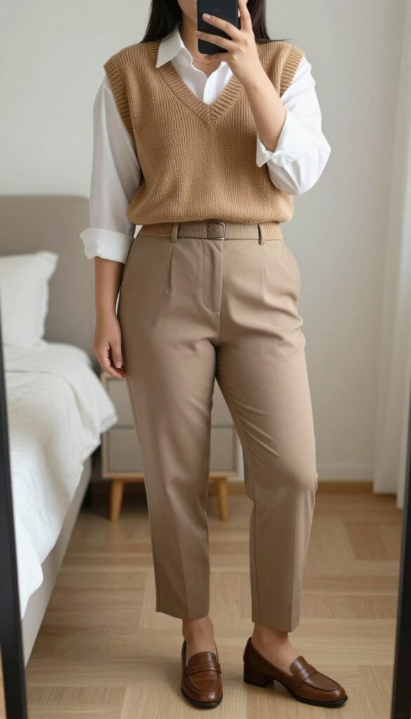 A woman wearing a white button-down shirt under a chunky knit vest, tucked into high-waisted trousers, with loafers, in an office setting.
