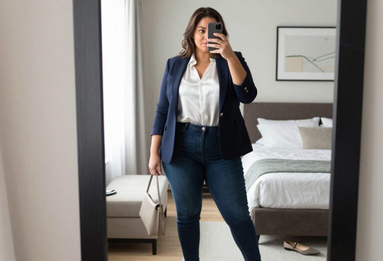 Woman taking a mirror selfie in a bedroom wearing a navy blazer, white top, dark jeans, and pointed flats, with a structured tote bag.