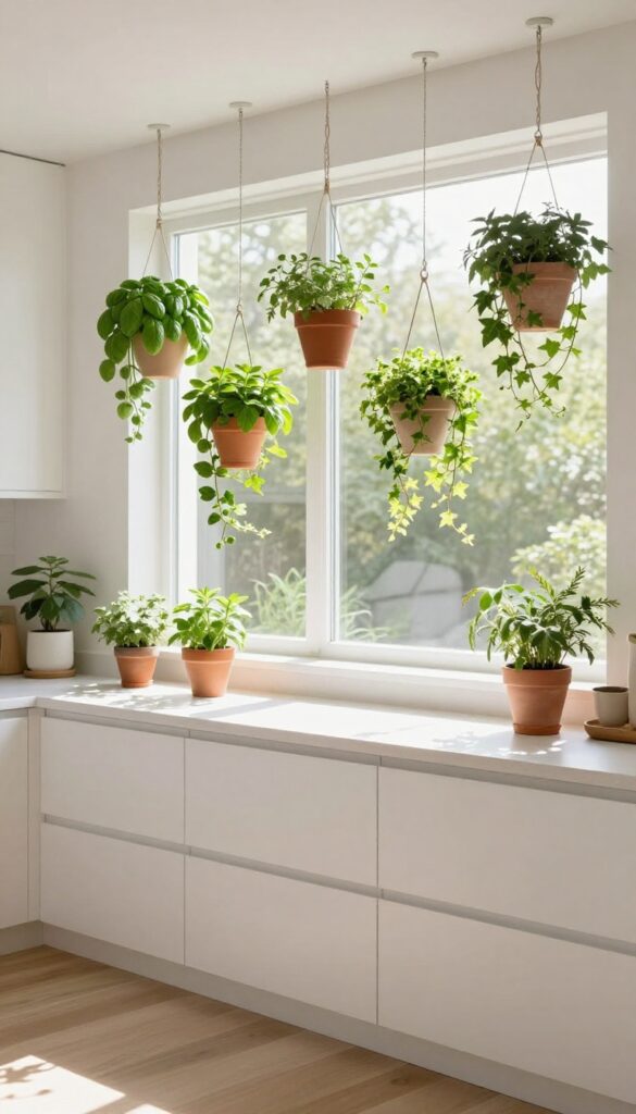 Hanging herb garden by a sunny kitchen window with ceramic pots at different heights, filled with green herbs and trailing vines, creating a calm and airy atmosphere.