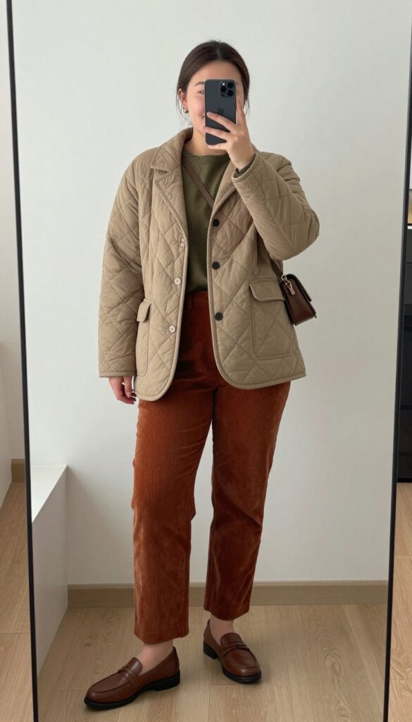 A woman in a quilted tan blazer, olive crewneck sweater, rust corduroy pants, and leather loafers, holding a crossbody bag, standing in a warmly lit room.