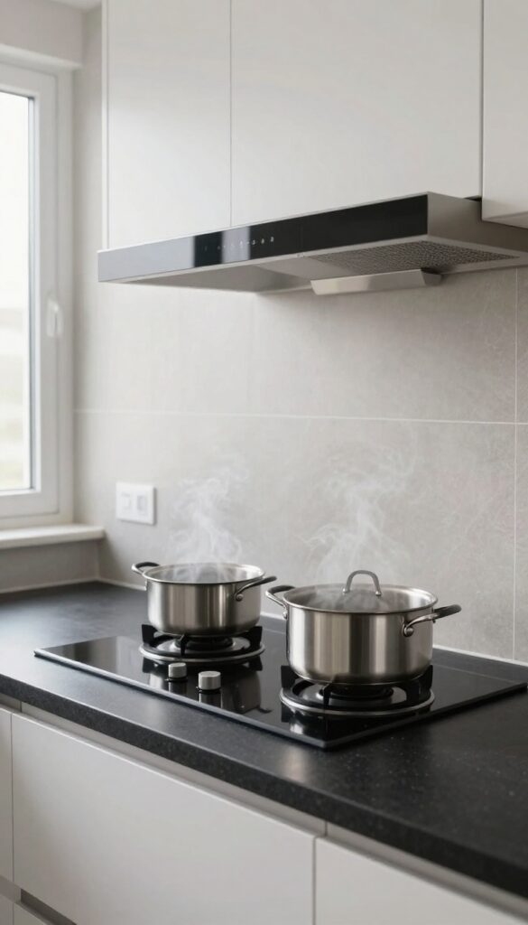 Modern kitchen with induction cooktop and downdraft ventilation, clutter-free countertop, bright natural light, photorealistic interior design