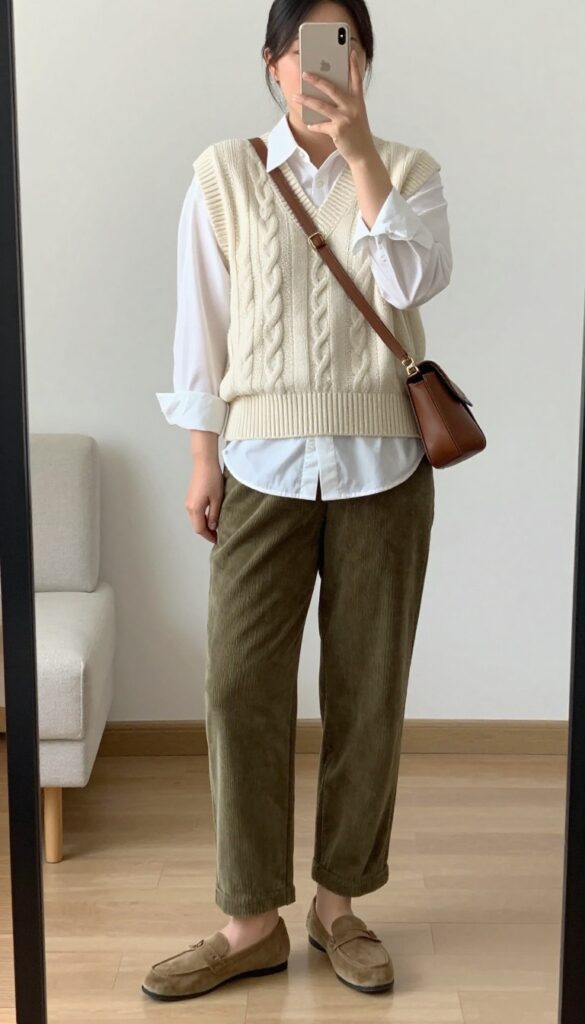 Woman in white button-down, cream cable knit vest, olive corduroy pants, and suede loafers, standing in a cozy office setting.