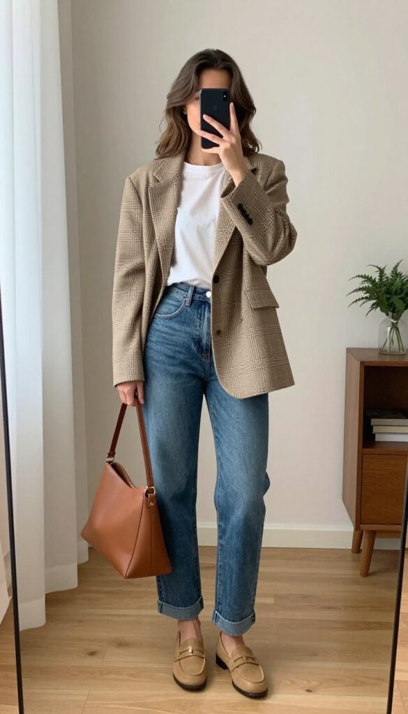 A woman in an oversized beige blazer, white tee, medium-wash mom jeans, and tan loafers takes a mirror selfie in a bright, modern room. The outfit is a smart casual combination of structured blazer and relaxed jeans.