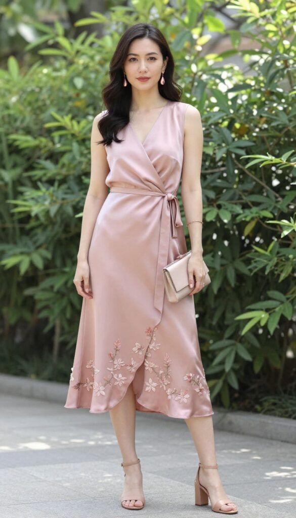 Woman in dusty rose satin wrap dress with floral embroidery, rose gold accessories, and nude heels, standing in a sunlit garden.