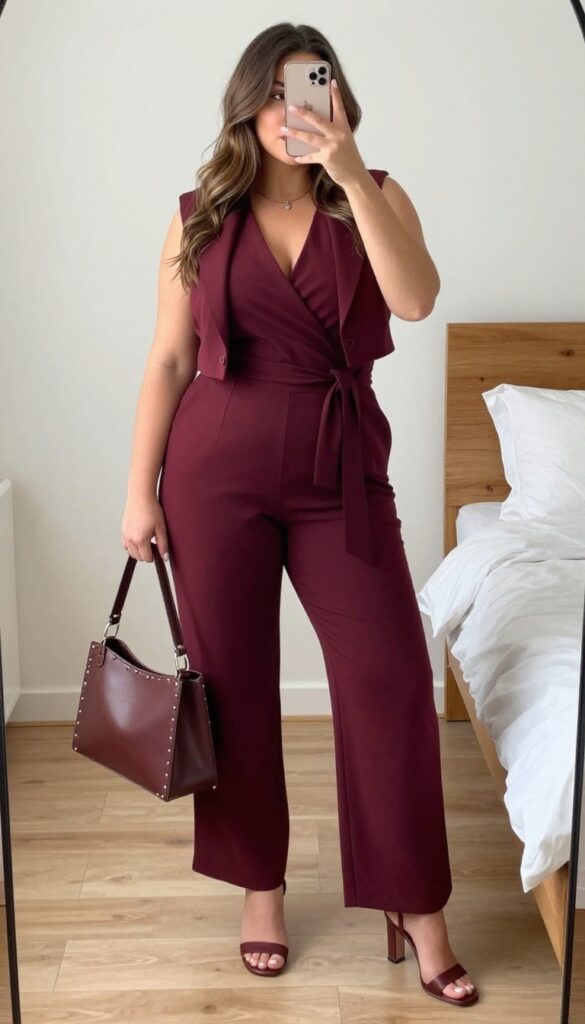 A woman in a wide-leg jumpsuit with a belt and cropped blazer, posing in a mirror selfie.