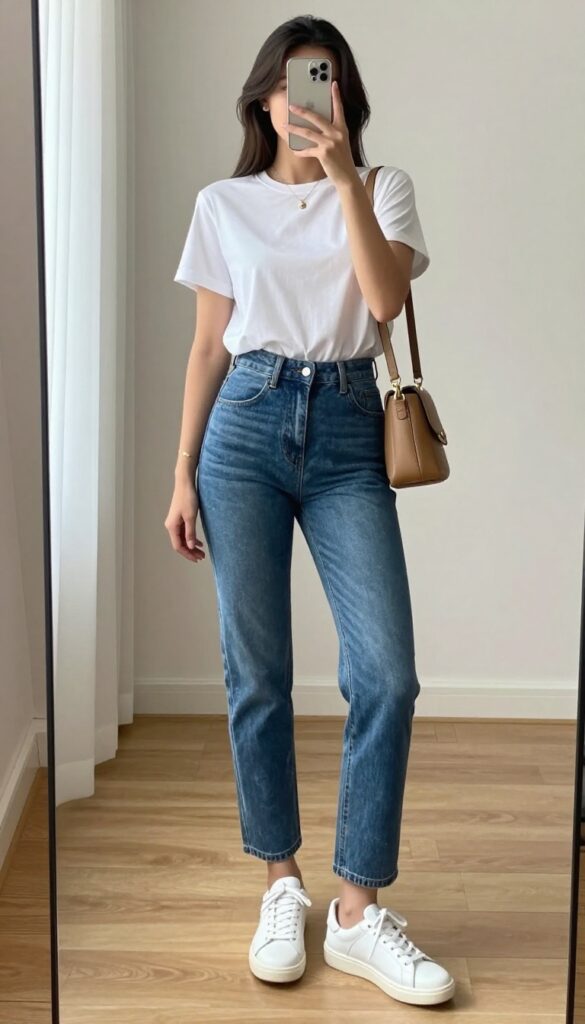 A woman in high-waisted jeans and a cropped white t-shirt takes a mirror selfie, showcasing a balanced casual outfit with sneakers and a tan crossbody bag.