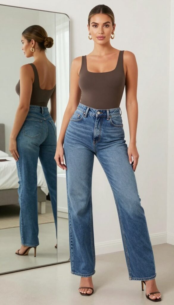 A woman in a fitted bodysuit and high-waisted wide leg jeans takes a mirror selfie, showcasing a sleek date-night outfit with heeled sandals and statement earrings.