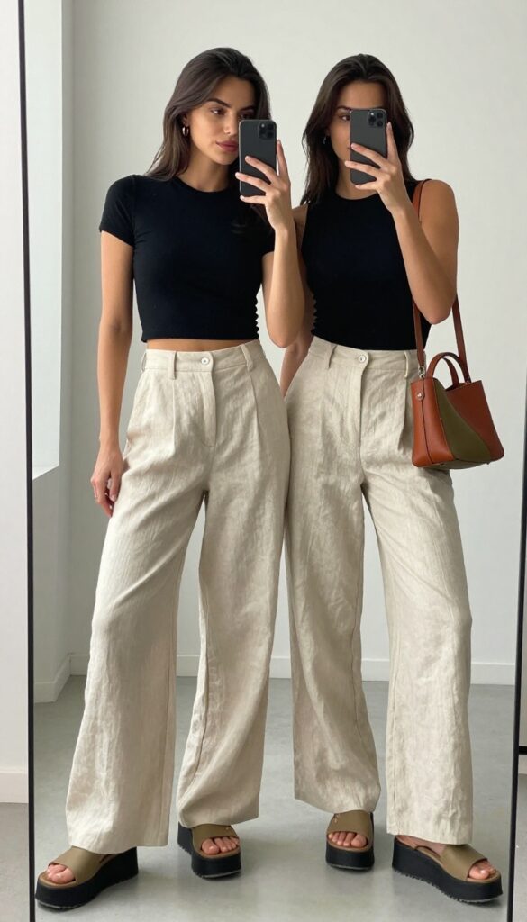 A woman takes a mirror selfie wearing high-waisted wide-leg linen pants and a black crop top, accessorized with platform sandals, a crossbody bag, and hoop earrings, in a bright, minimal setting.