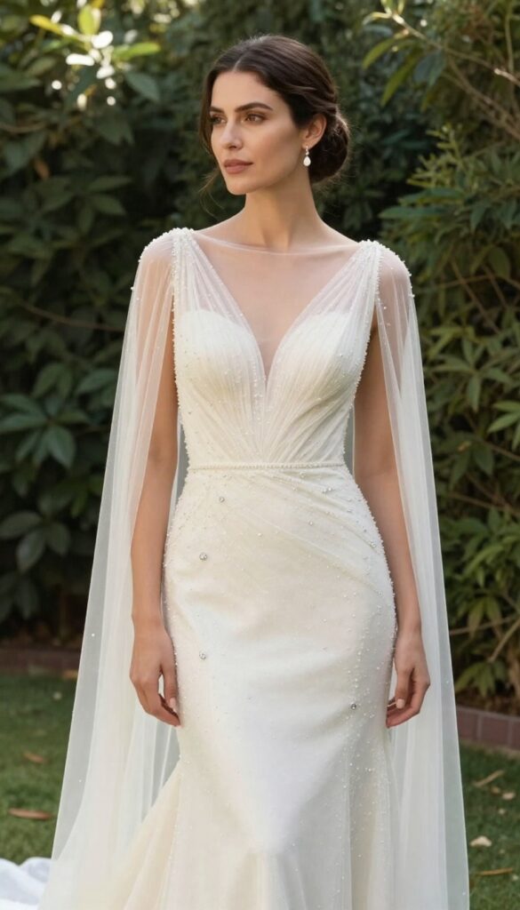 Woman in crystal-embellished A-line wedding dress with sheer cape, standing in a sunlit garden