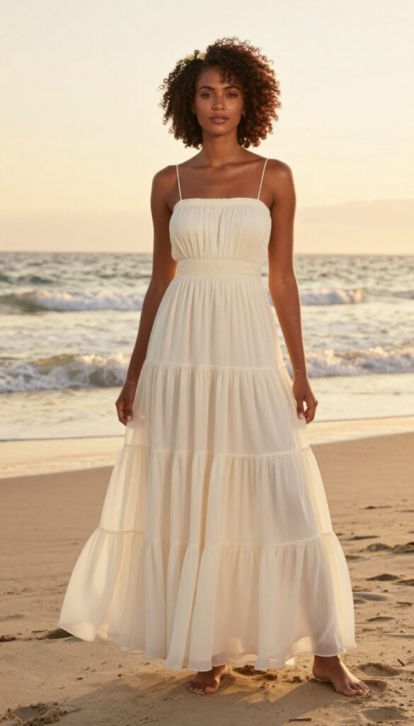 A dark-skinned Black woman in a tiered chiffon wedding gown with elastic waist, standing barefoot on a beach at sunset, natural curly hair with flower crown, realistic lifestyle wedding photo style.
