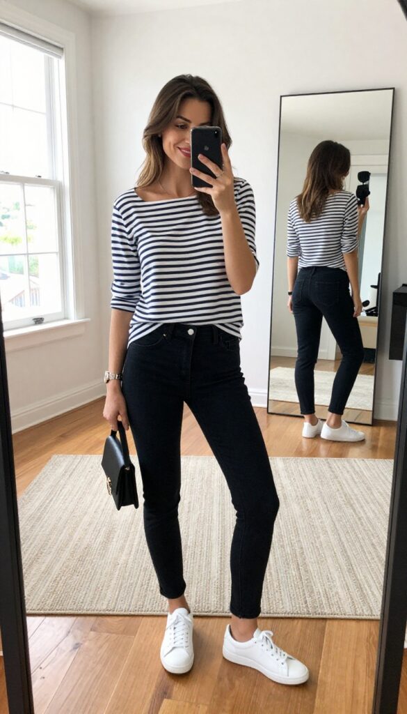 Mom taking a mirror selfie in a striped navy and white top with black jeans and white sneakers, holding a phone, with a crossbody bag and sunglasses, in a bright living room.