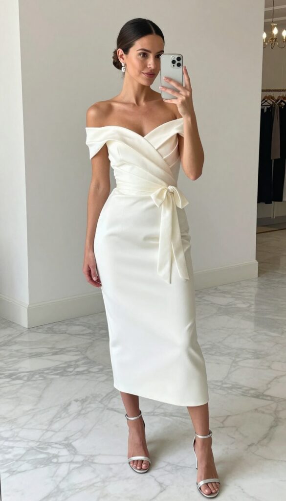 Young adult woman in ivory off-shoulder ball gown with satin ribbon waist, silver heels and earrings, low bun, standing in grand ballroom with chandeliers.