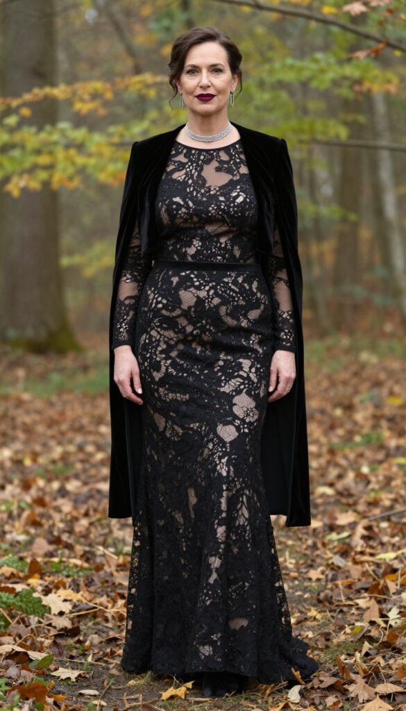 Black lace wedding dress with velvet bolero, silver choker, deep burgundy lip, forest setting