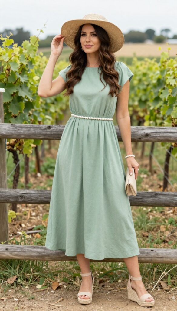 Woman in sage green empire waist maxi dress with pearl belt and wedges at vineyard