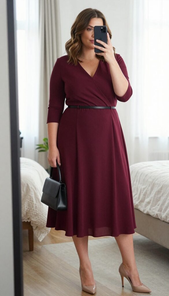 Plus-size woman in a burgundy A-line midi dress with three-quarter sleeves and nude pumps, taking a mirror selfie in a bright bedroom.