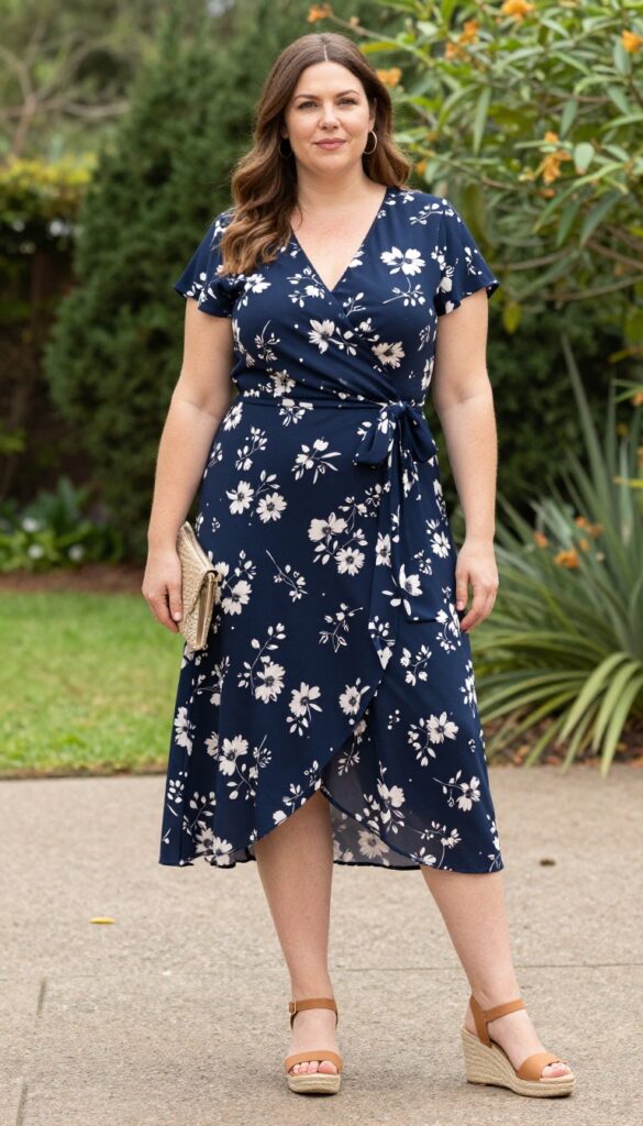 Plus-size woman in floral wrap dress and espadrille wedges in a garden