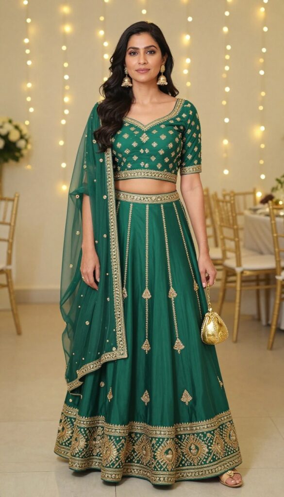 Woman in emerald green lehenga with cold-shoulder blouse at wedding reception