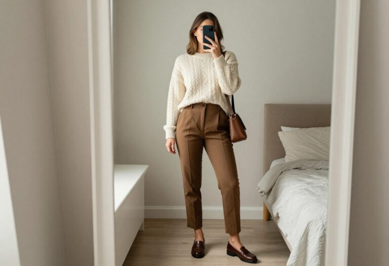 Woman taking a mirror selfie in a bedroom wearing a cream sweater and brown trousers for a business casual outfit idea.