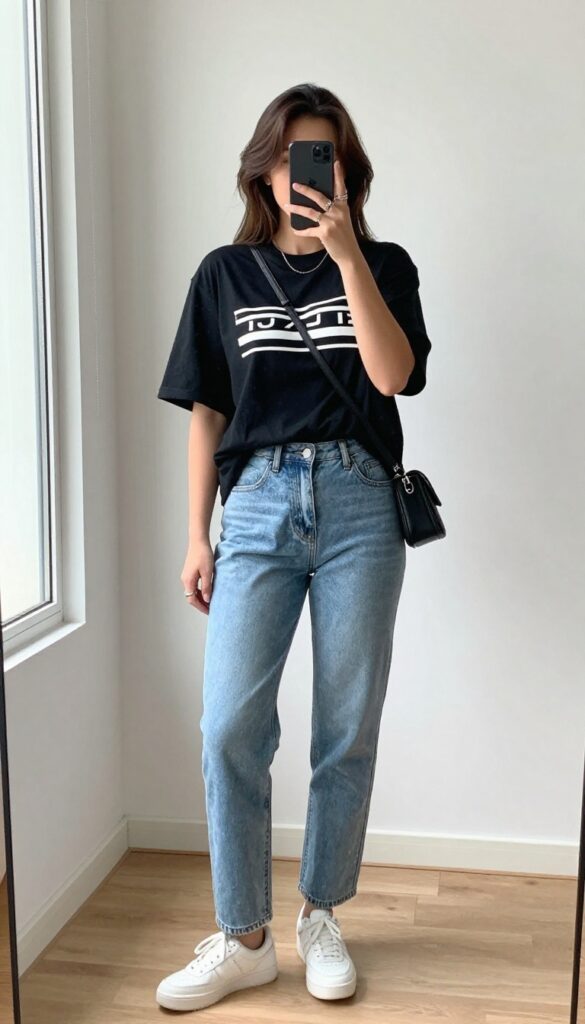 A woman in a graphic tee and mom jeans takes a mirror selfie, wearing a black denim jacket and white sneakers, with a crossbody bag, in a bright room.