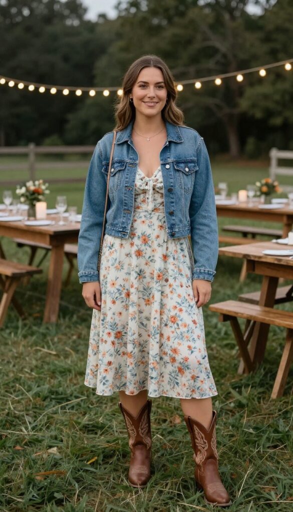 Woman in floral midi dress with cropped denim jacket and western boots at barn wedding reception