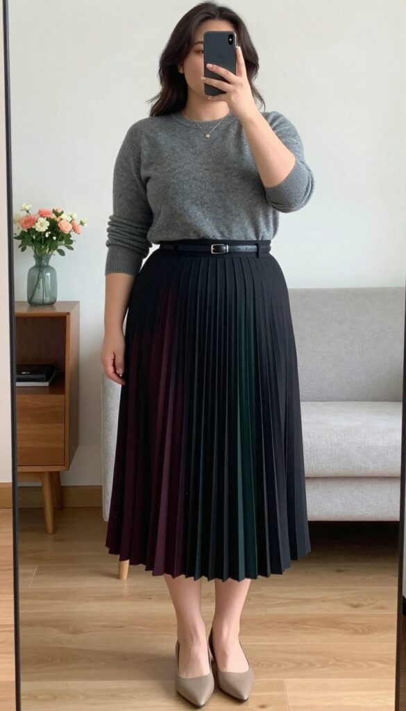 A woman in a tucked cashmere sweater and pleated midi skirt, wearing pointed flats, standing in a festive office setting.