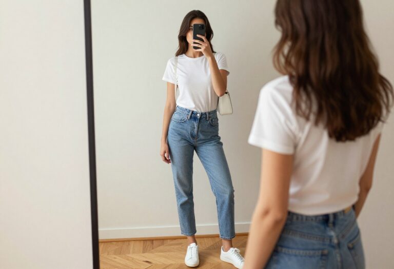 Woman in high-waisted mom jeans and fitted white tee, taking a mirror selfie, showcasing a casual vintage-inspired outfit.