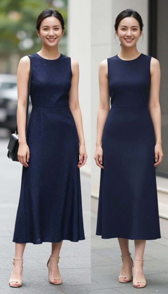 Woman in embellished navy midi dress with block heels, holding a clutch in a ballroom.