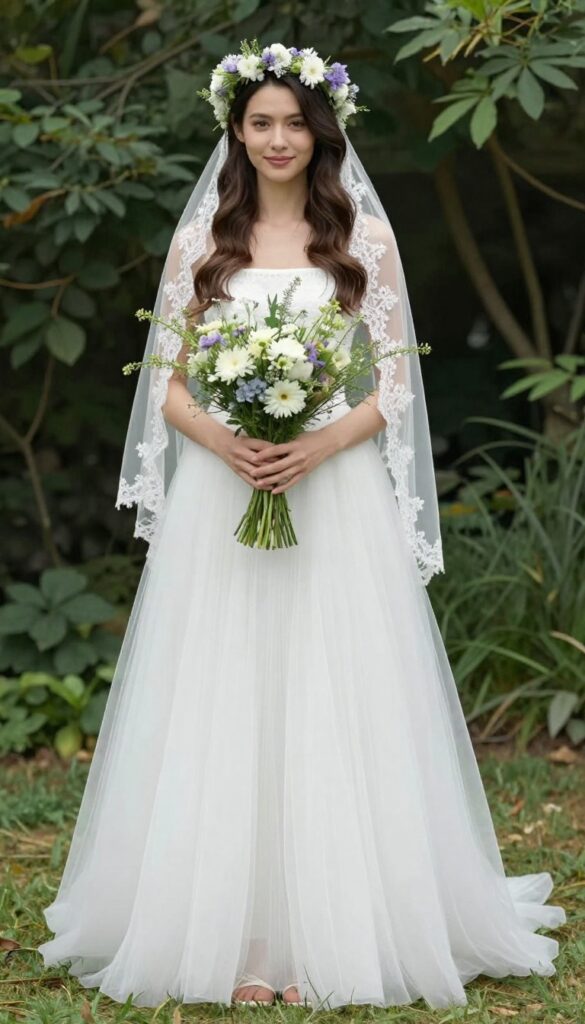 Barefoot bride in square neckline tulle wedding dress with flower crown and lace veil, holding wildflower bouquet in garden