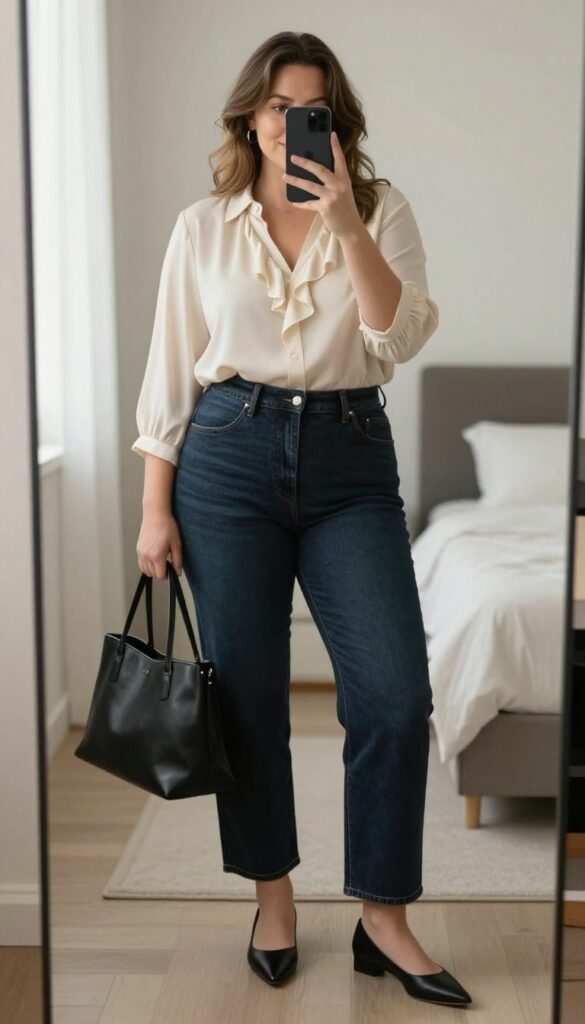 Plus-size woman in dark wash jeans and a cream blouse taking a mirror selfie, showcasing a polished casual teacher outfit.
