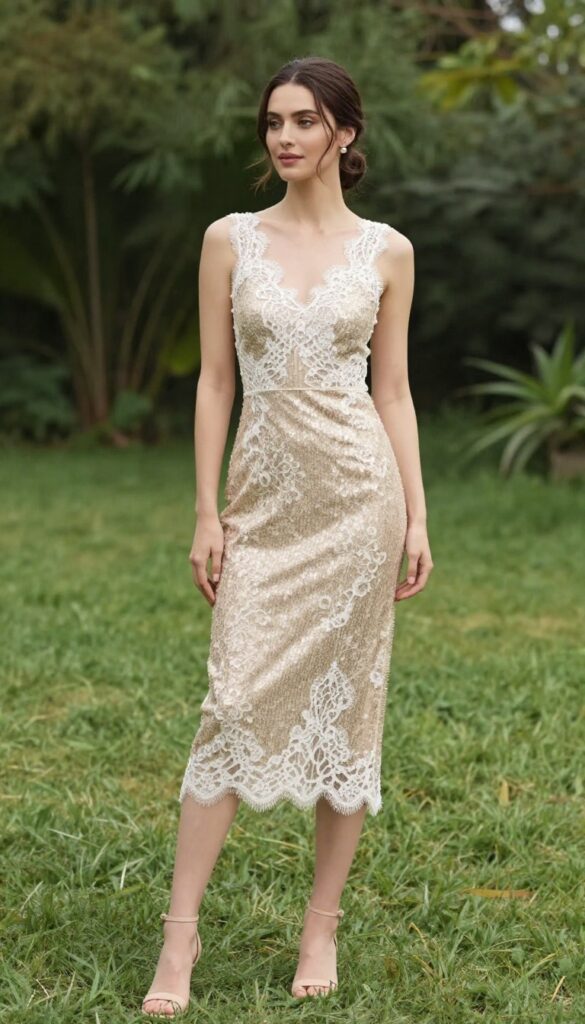A woman in her late 20s to early 30s wearing a fitted sequin sheath dress with lace overlay and nude sandals, standing on a beach at golden hour, ocean blurred in background, natural lighting, Instagram-style lifestyle photo.