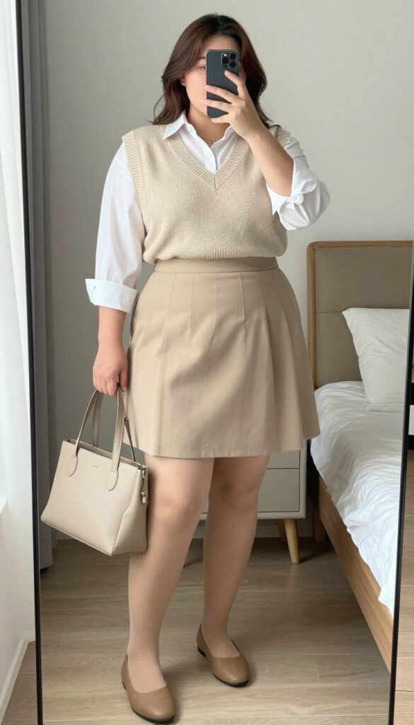 A woman wearing a sweater vest over a white button-down shirt, paired with a mini skirt and tights, standing in an office setting.