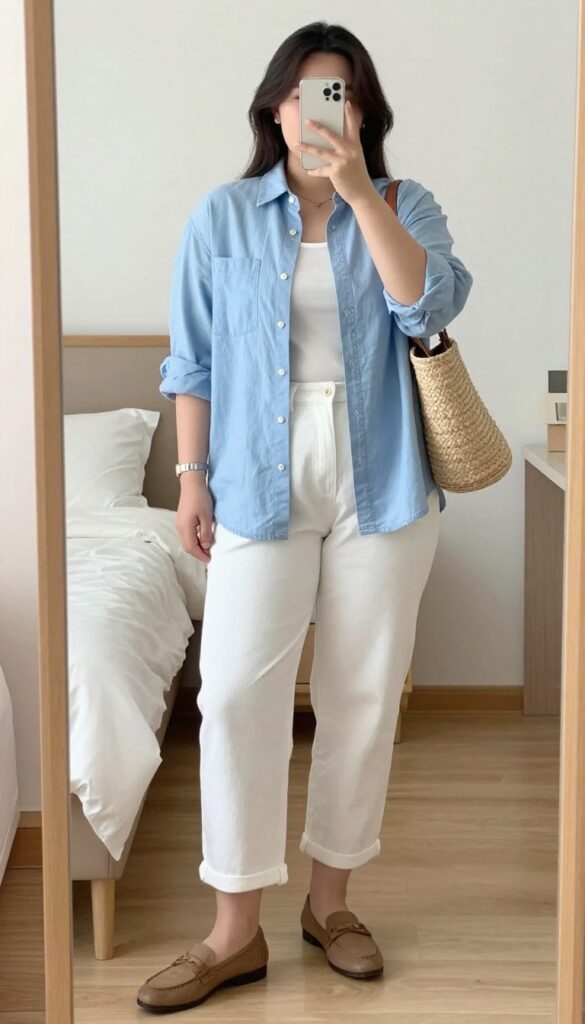 Woman in light blue chambray shirt and white cropped pants with loafers, taking a mirror selfie in bedroom, phone partially covering face.