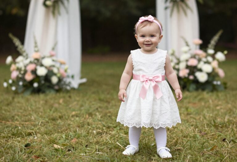 Baby girl in white lace dress with pink bow at garden wedding