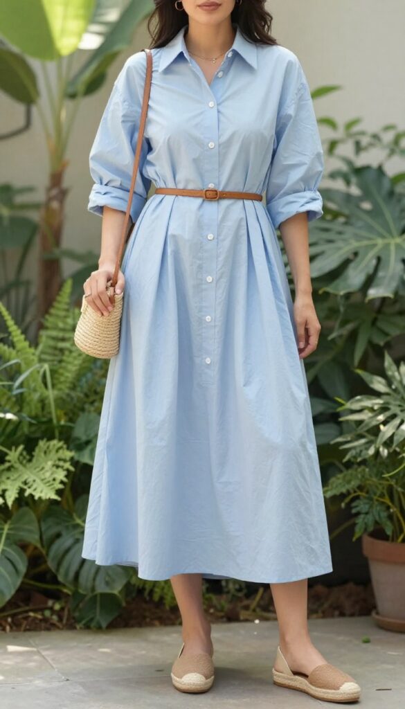 Woman in light blue shirt dress with tan belt and espadrille flats standing in sunny garden