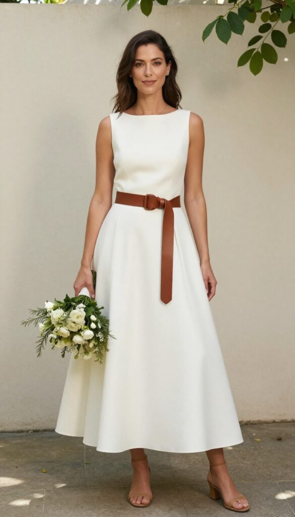 Woman in white puffy wedding dress with wide brown leather belt, standing in sunlit garden with bouquet