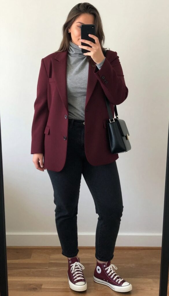 Woman in burgundy blazer, gray turtleneck, black jeans, and burgundy Converse, holding a crossbody bag.