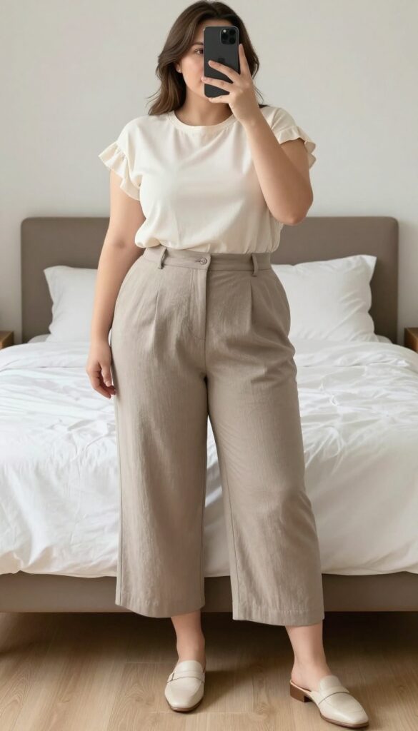Curvy woman in cream short-sleeve blouse with tie detail and taupe cropped wide-leg pants, posing in front of a mirror, holding phone, bedroom setting.