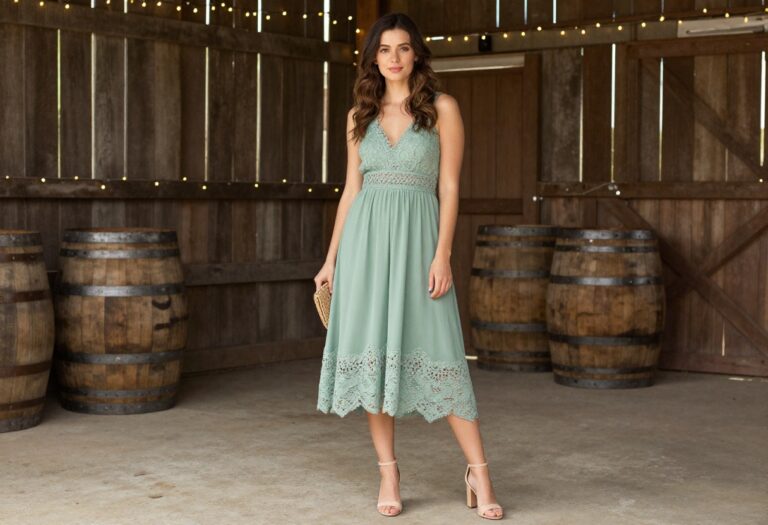 Woman in sage green lace midi dress at rustic barn wedding